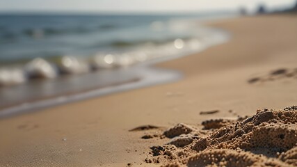 Wall Mural - Close up sand with blurred sea sky background, summer day, copy space or for product. Summer background concept. Generative AI 