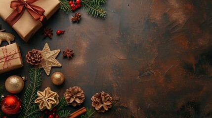 Wall Mural - Christmas flat lay with holiday items on table top view with empty space for text