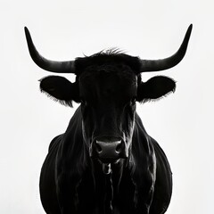 Wall Mural - A closeup portrait of a black bull against a white background