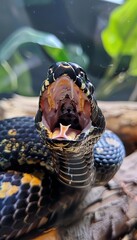 Canvas Print - A closeup view of a snake with its mouth open wide revealing sharp teeth and a pink tongue