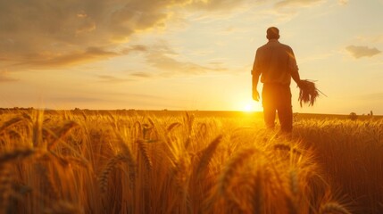 Poster - A man is walking through a field of wheat on a sunny day