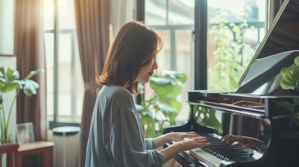 side view of a happy Japanese woman playing the piano in the living room, Ai generated Images