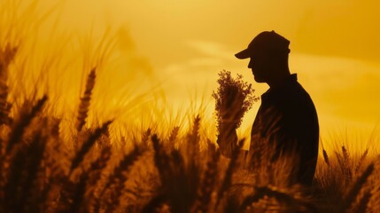 Poster - A man is standing in a field of wheat, holding a bunch of flowers