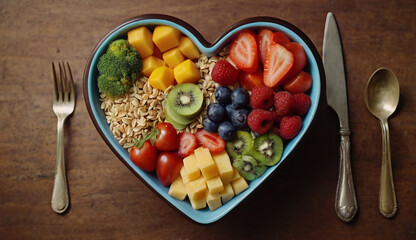 Wall Mural - A vibrant photo showcasing a heartshaped bowl filled with nutritious diet foods, including fresh fruits, vegetables, and whole grains, promoting heart health and cardiovascular wellness 