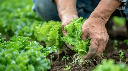 Wall Mural - A man is picking lettuce from a garden