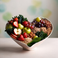 Wall Mural - A vibrant photo showcasing a heartshaped bowl filled with nutritious diet foods, including fresh fruits, vegetables, and whole grains, promoting heart health and cardiovascular wellness 