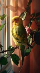 Wall Mural - A yellow budgie perched on a branch against a blurred green and yellow background