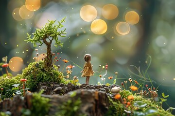 Poster - A miniature girl stands on a mossy rock formation surrounded by tiny flowers and a small tree