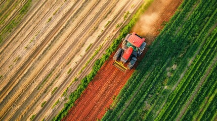 Poster - A tractor is driving down a dirt road in a field