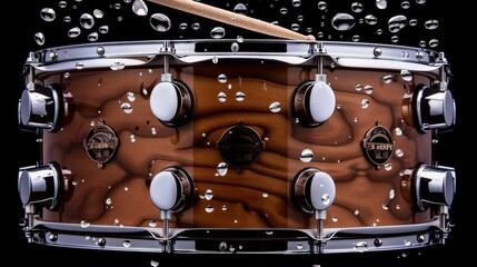 the drumstick hits the frame and the drum bounces up water droplets