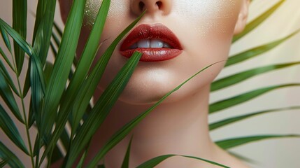 Wall Mural - close up female natural lips with bright tropical palm, female beauty cosmetology concept