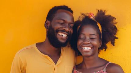 Happy Couple Smiling Against Bright Yellow Background