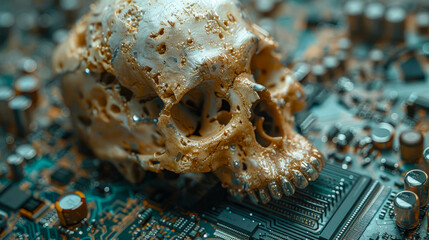 Poster - Close-up of human skull on electronic circuit board. Technology concept