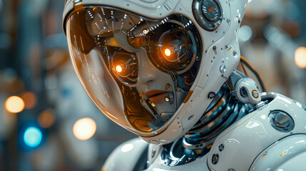 Poster - Humanoid robot with glowing eyes, close-up, futuristic