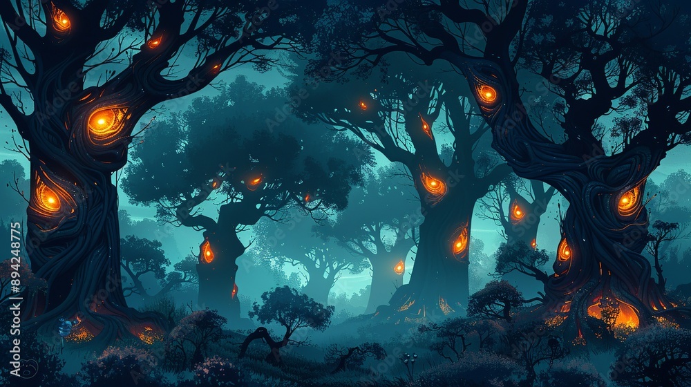 Haunted forest with twisted trees and glowing eyes peering from the ...