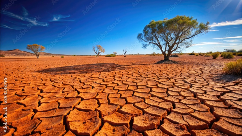 Drought-stricken, barren landscape featuring cracked, fissured red clay ...