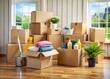 © DigitalArt Max - Neatly arranged cardboard boxes, packing paper, and cleaning supplies sit ready for a move, awaiting transportation to a new home, symbolizing a fresh start.