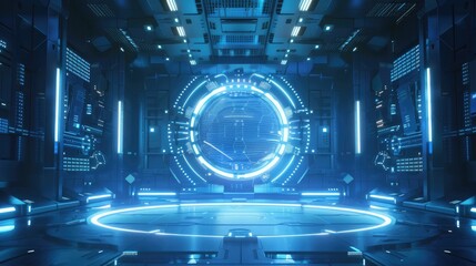 Poster - Abstract blue hi-tech stage display background with futuristic elements, empty space scene perfect for virtual reality and advanced technology concepts