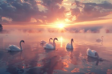 Wall Mural - Swans gracefully gliding through a misty lake at sunset creating a serene and peaceful scene