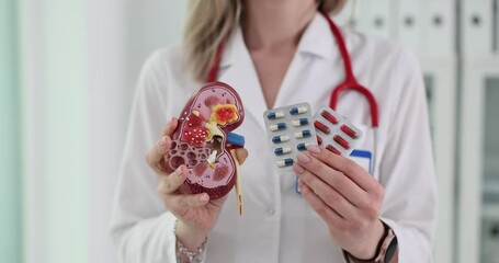 Wall Mural - Doctor shows pills and artificial kidney model in hospital