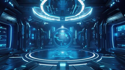 Poster - Abstract blue hi-tech stage display background with futuristic elements, empty space scene perfect for virtual reality and advanced technology concepts