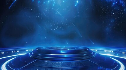 Poster - Blue hi-tech stage display with empty space, embodying the essence of futuristic technology and virtual reality environments