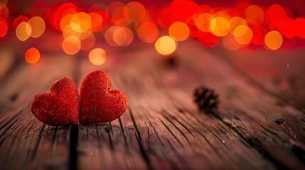 Wall Mural - Red hearts on wooden floor against holiday defocused lights background, red heart on a red background with highlights, beautiful holiday background with copy space