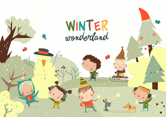 Wall Mural - Happy Cute Kids playing Winter Games. Hello Winter. Vector Illustration