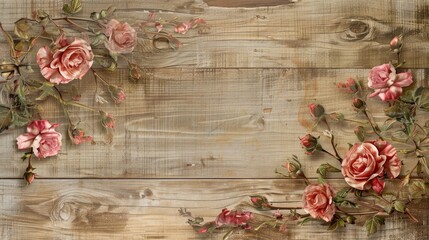 Canvas Print - Tea roses on a vintage wood background for wedding greeting and invitation card