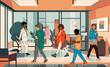 © Creative_Juice_Art - Multiracial business people walking side view in modern office hall. Vector illustration scene with different men and women in corporate building doorway.