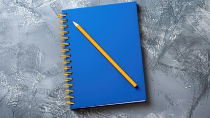 Poster - top down view of open blue notebook and pencil on grey backdrop spiral bound school and office noteb