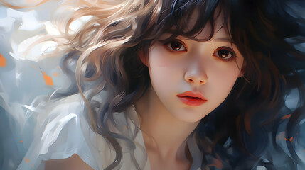 Poster - Anime Girl with Brown Eyes and Wavy Hair