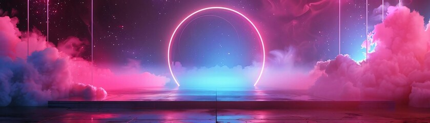 Poster - A vibrant digital artwork featuring neon lights, clouds, and a glowing circle, creating a surreal and captivating atmosphere.