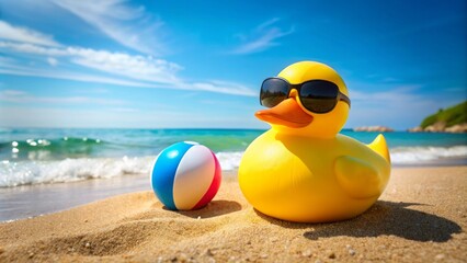 A carefree rubber duck donning trendy shades lounges on a sun-kissed beach, surrounded by a vibrant ball and serene ocean backdrop.