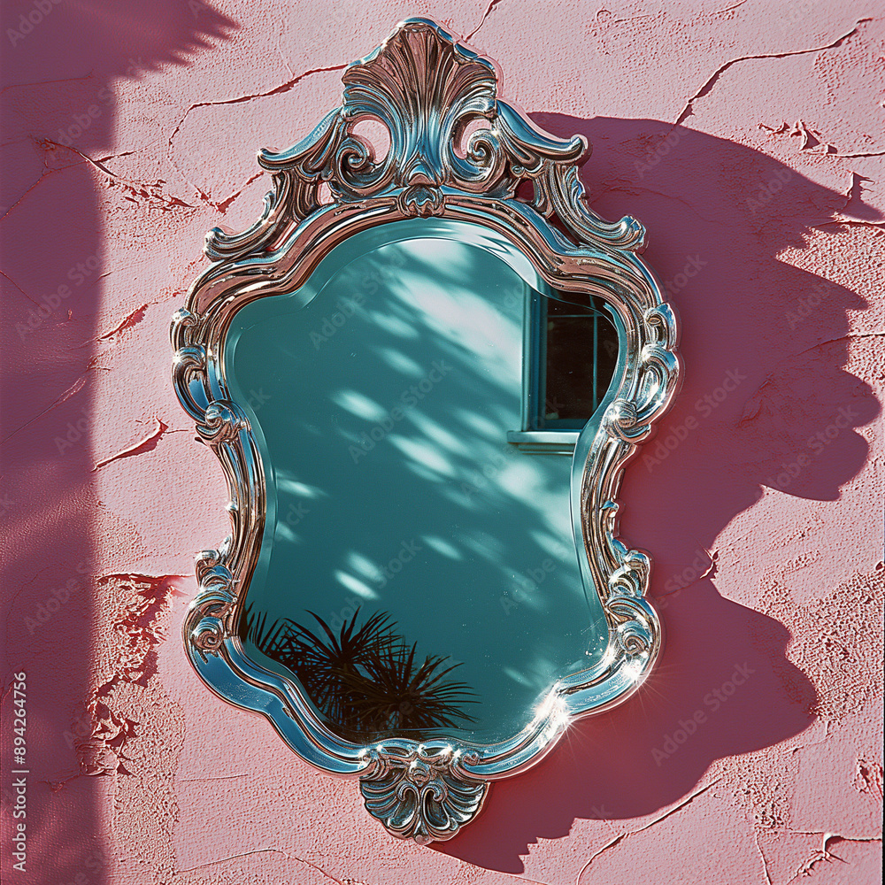 Ornate vintage mirror reflecting blue sky and shadows on a pink wall. A ...
