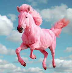 Wall Mural - Surreal image of a pink horse galloping through the air against a blue sky with clouds. Whimsical and fantastical scene with a vibrant, pastel aesthetic.
