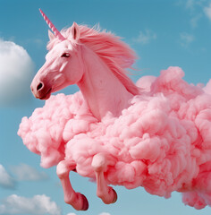 Wall Mural - Surreal image of a pink unicorn galloping through pink clouds against a blue sky. Whimsical and fantastical scene with a vibrant, pastel aesthetic.