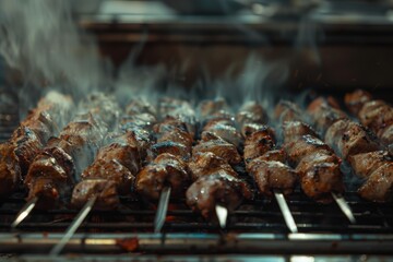 Wall Mural - Close-up image of several kebabs sizzling on a grill, showcasing the process and appetizing result.