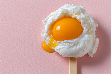 Wall Mural - A cooked egg yolk on a stick against a pastel pink background. A minimalist and unconventional approach to food photography.