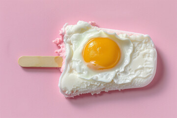 Wall Mural - Surreal image of a pink popsicle topped with a fried egg against a whimsical sky. Creative and vibrant still life with pastel aesthetic.