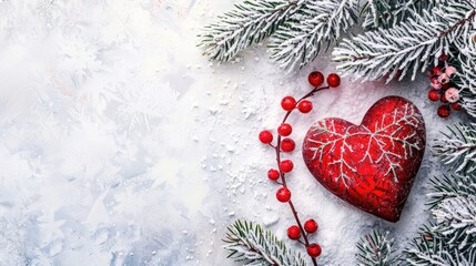 Canvas Print - Red heart fir branch and berries on snowy background for festive holidays Top view with space for text