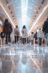 People walking in a mall corridor, blurred background.