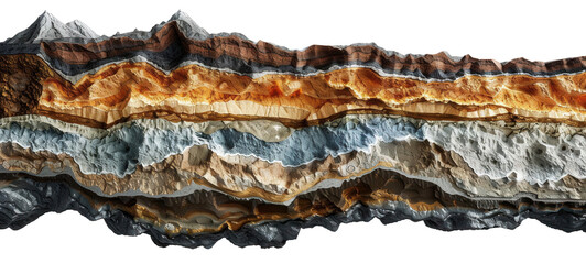 Cutaway of a mountain showing different geological layers and formations transparent background