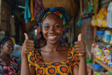 Aufkleber - Happy African female trader selling goods in market  giving thumbs up.