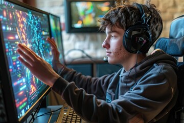 Leinwandbilder - Young man with cerebral palsy uses wheelchair accessible computer.