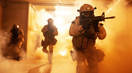 Canvas Print - Armed soldiers in tactical gear moving through a smoky, dimly lit environment, holding firearms.