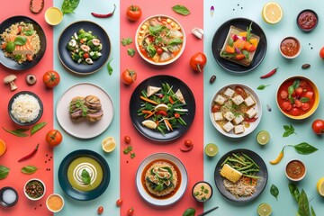 Variety of Colorful Dishes With Green Vegetables and Toppings on Red and Blue Table