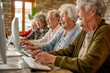 © Aksana - Elderly people learning technology in a classroom setting, featuring five older adults of European descent using laptops. Concept: senior education, technology learning, digital literacy, elderly