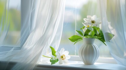 Wall Mural - Flower on windowsill in white vase with tulle curtains