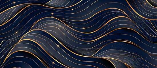 Poster - luxury dark blue and gold line art background with waves pattern, seamless wallpaper pattern texture vector illustration